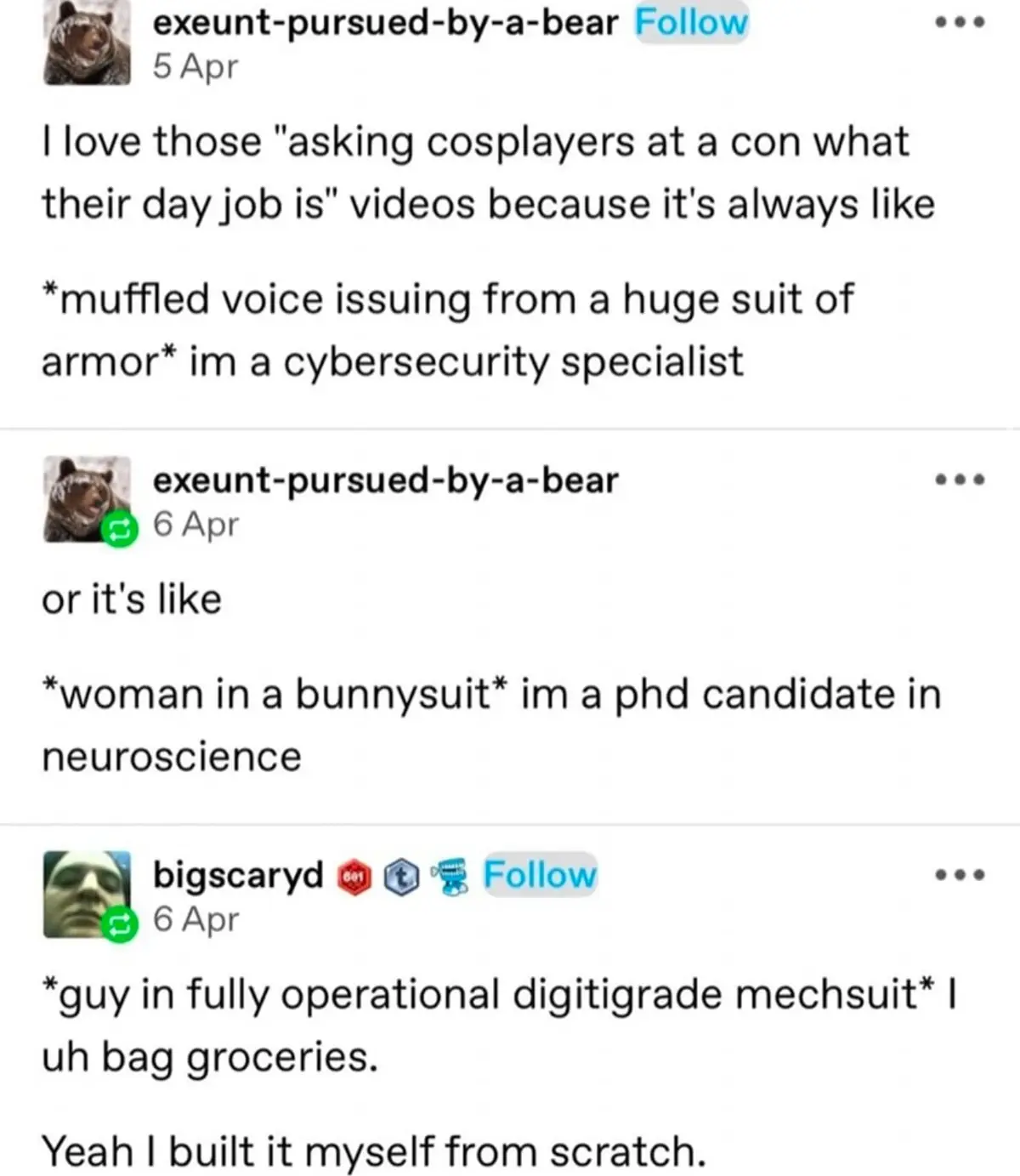 A screenshot of a social media thread where users humorously describe the absurd contrast between cosplayers' elaborate…