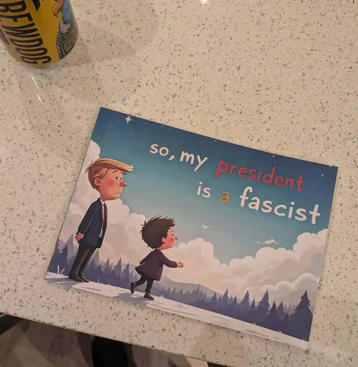 A printed image shows a cartoon of a tall man in a suit standing beside a small child walking away on a snowy path with…