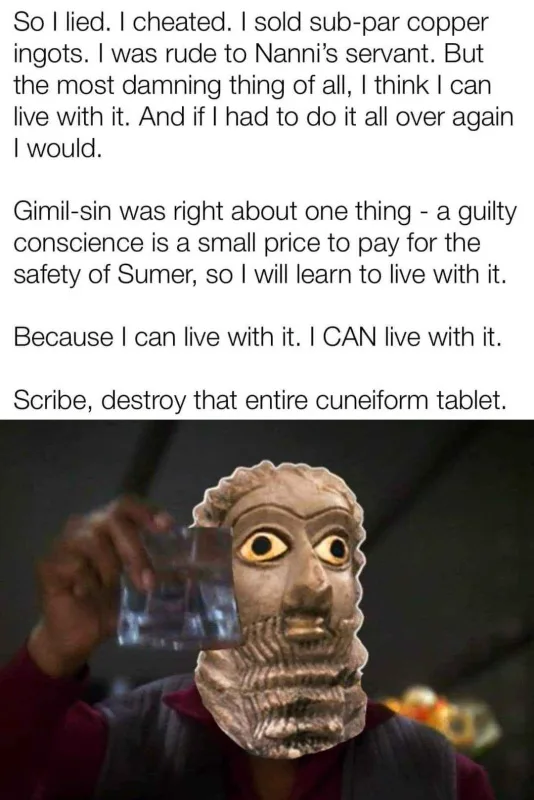 A person wearing a stone-faced, ancient-looking mask with wide eyes and a beard, holding a glass of water. The image is…
