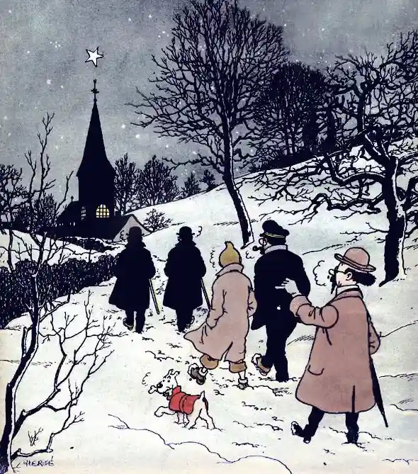 a vintage illustration shows Tintin and Snowy walking with three other figures in winter coats toward a church under a…