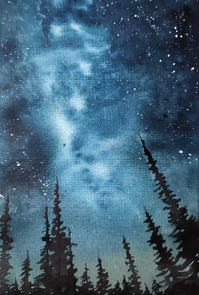 A watercolor painting depicts a starry night sky with a visible Milky Way, framed by the dark silhouettes of pine trees at…