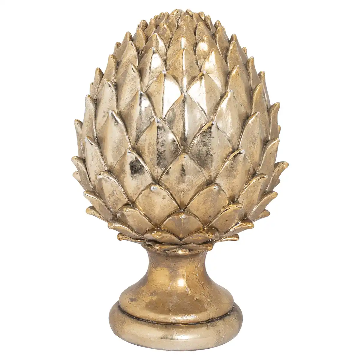 A golden, metallic artichoke-shaped decorative object with a pedestal base, set against a plain white background. The…