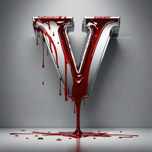 A large, metallic, three-dimensional letter 'V' is shown against a plain gray background, with thick, glossy red liquid…