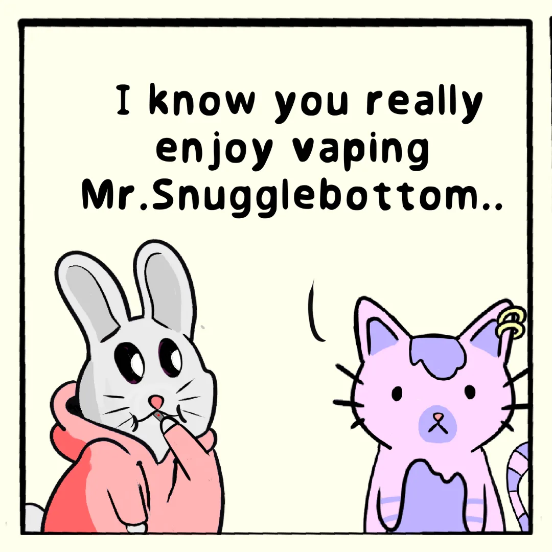 A cartoon rabbit in a pink hoodie is vaping while a pink cat with a purple bow looks on. The text above reads 'I know you…