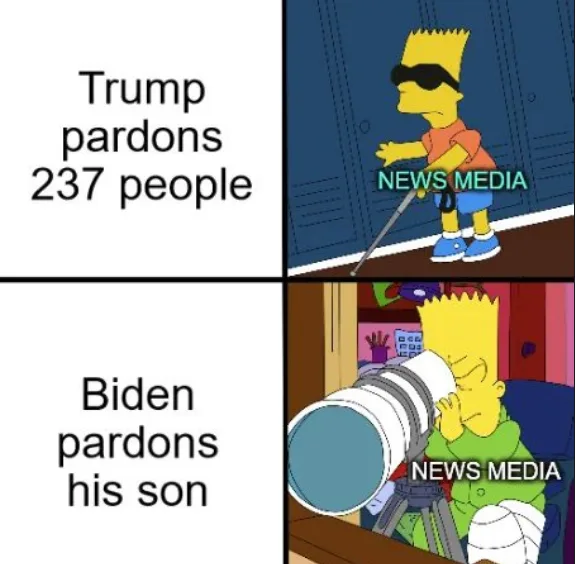 A four-panel meme featuring Bart Simpson. Top-left panel shows text 'Trump pardons 237 people'. Top-right panel shows Bart…