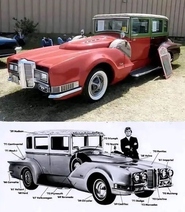 The image is split into two parts: the top shows a red and green vintage car with a '1947' license plate parked outdoors…
