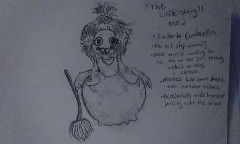 A hand-drawn sketch of a ragged, stringy-looking maid with wild hair, holding a broom, next to handwritten text describing…