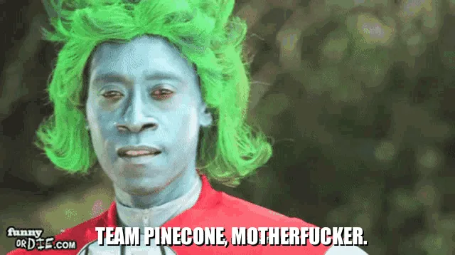 A six-panel image sequence shows a person with blue face paint and a bright green wig, wearing a red shirt, repeating the…