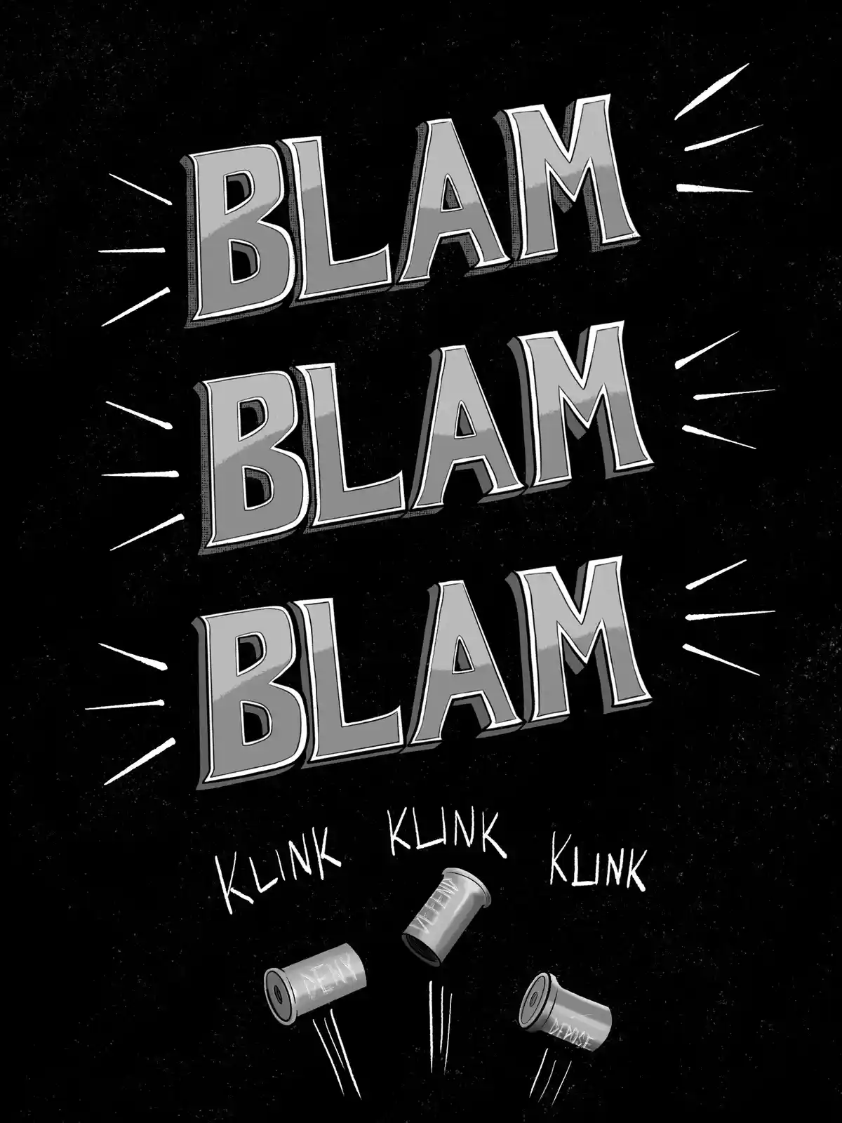 A black-and-white comic-style image shows the word 'BLAM' repeated three times in large, bold, 3D-style letters with white…