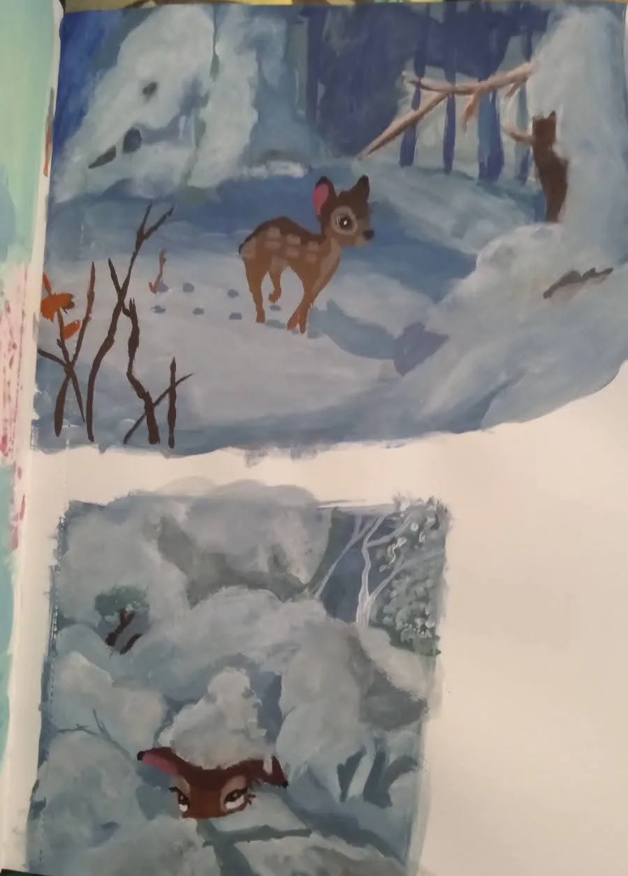 A hand-drawn, watercolor-style illustration shows two scenes: the top depicts a young deer standing in a snowy forest, and…