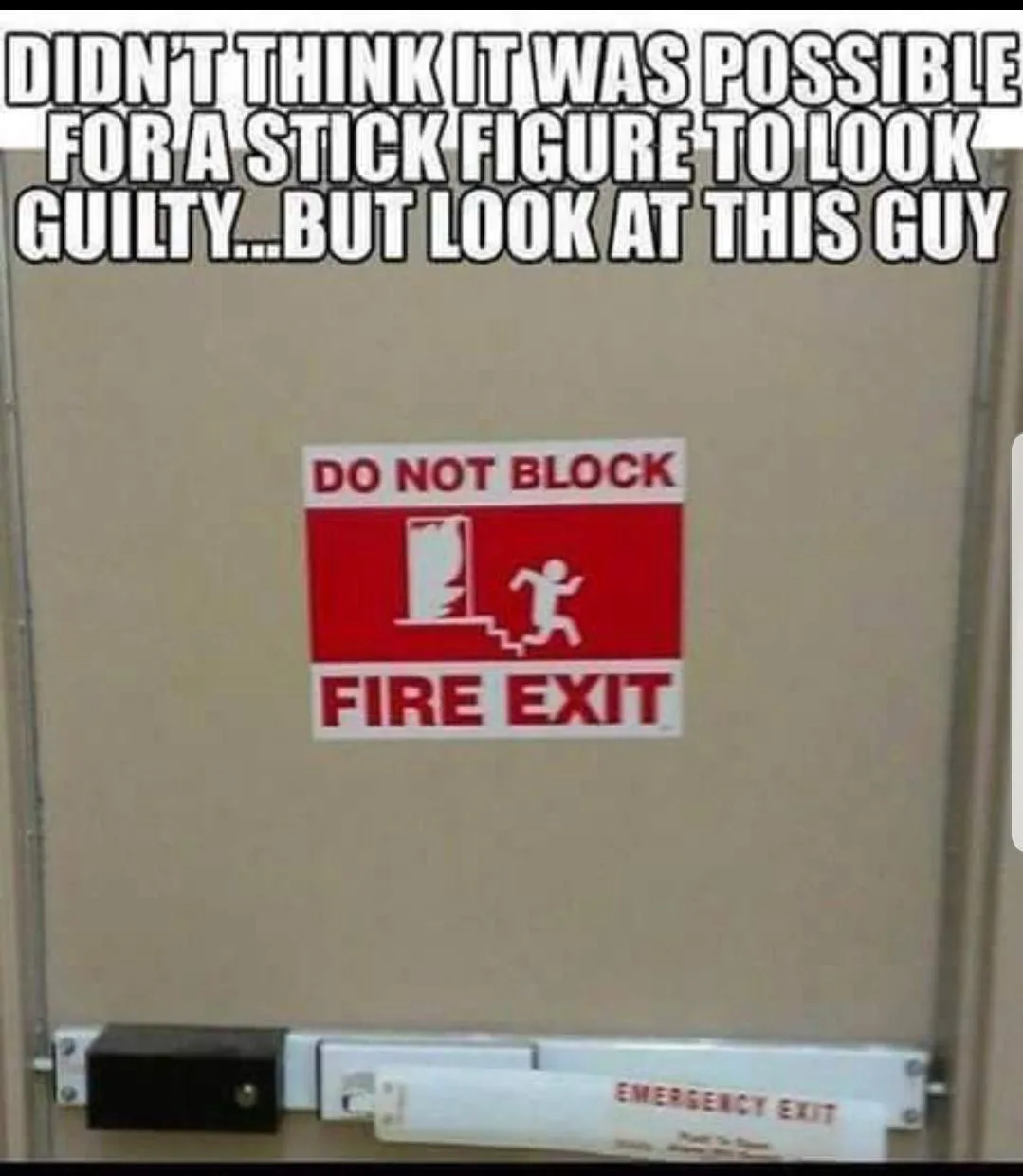 A close-up photo of a beige fire exit door with a red 'DO NOT BLOCK FIRE EXIT' sign featuring a white stick figure running…