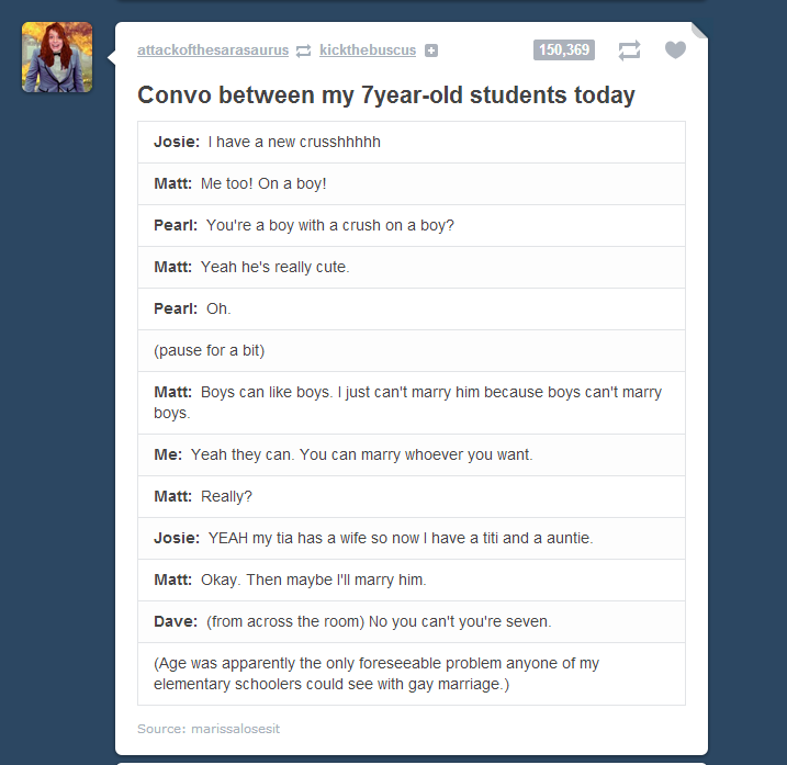 A screenshot of a Reddit post titled 'Convo between my 7-year-old students today' showing a humorous, fictional chat…