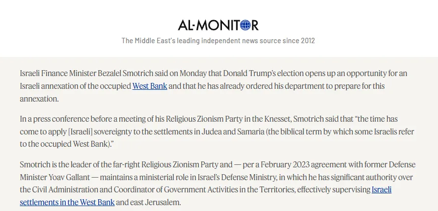 A screenshot of an Al-Monitor news article detailing Israeli Finance Minister Bezalel Smotrich's statement that Donald…