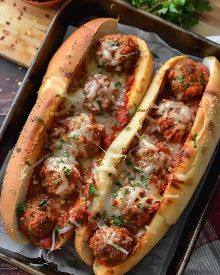 Two long hoagie rolls filled with meatballs, tomato sauce, and melted cheese, garnished with parsley and red pepper flakes…