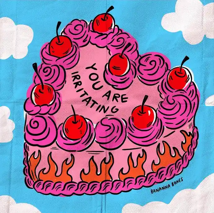 A cartoon-style pink cake with swirls of frosting and red cherries on top, set against a blue sky with white clouds. The…