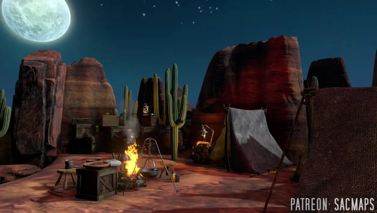 A nighttime desert campsite with a large moon, cacti, and rock formations, featuring a campfire, cooking pot, lanterns, and…