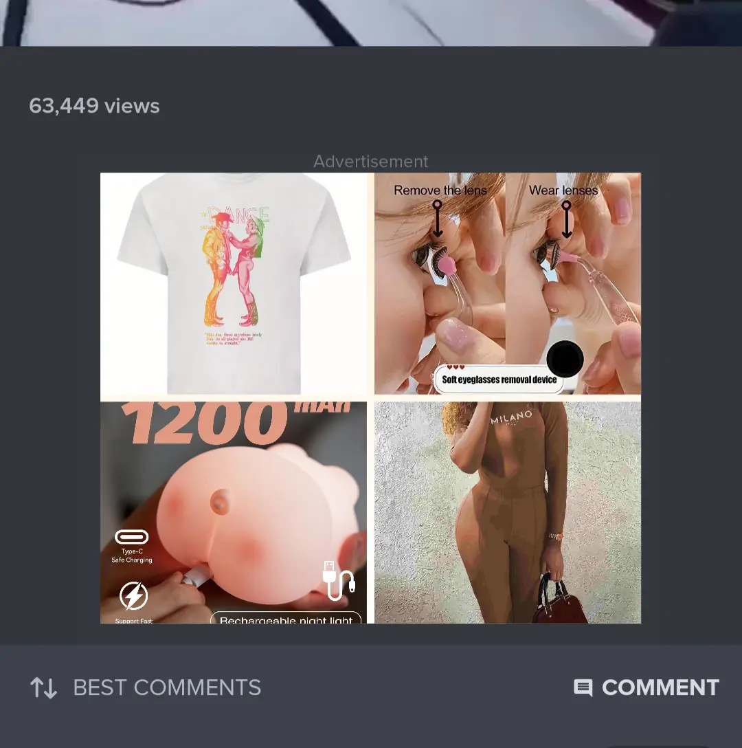An advertisement grid shows four products: a t-shirt with a dancing couple graphic, a device for removing and wearing…