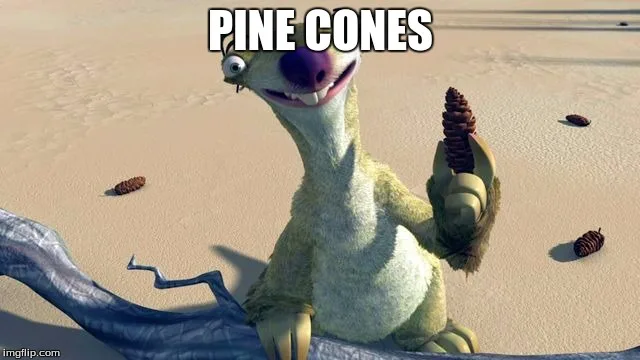 A cartoon sloth from the movie Ice Age sits on a log in a sandy desert, holding a pine cone in one hand while several other…
