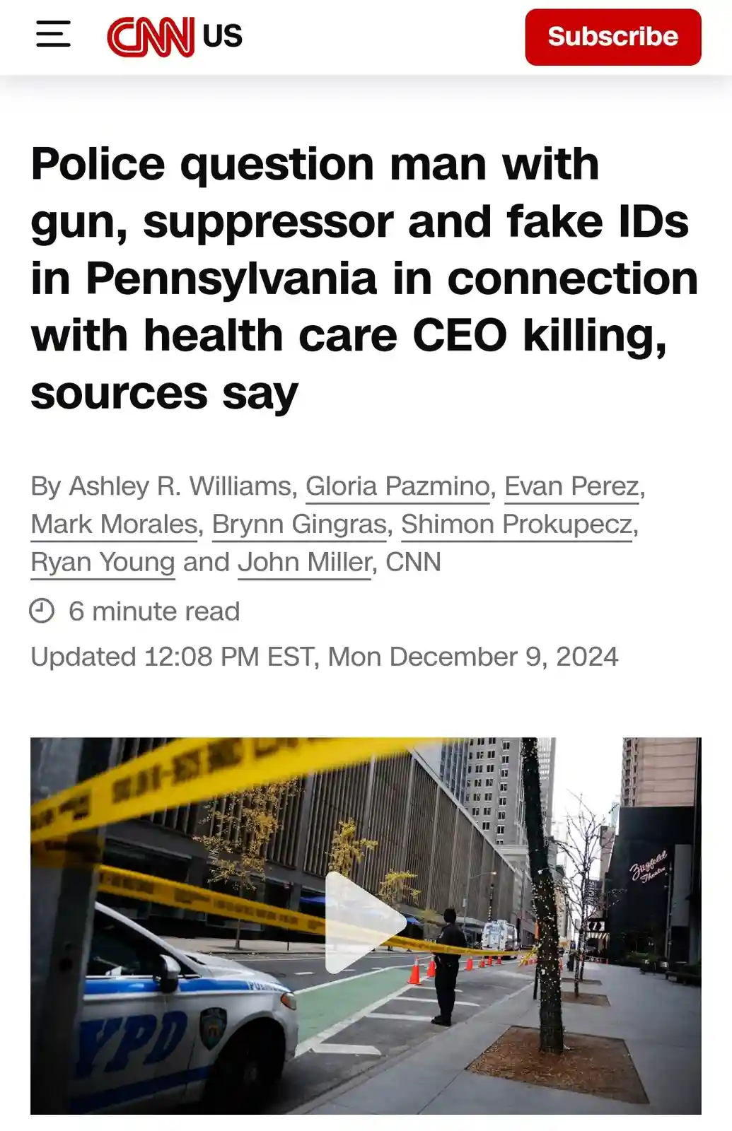 A screenshot of a CNN news article about a man being questioned for a CEO killing, overlaid with a video thumbnail showing a…