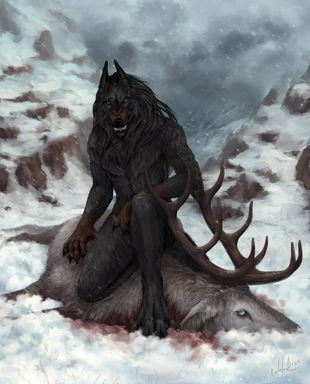 A dark-furred, wolf-like humanoid with glowing blue eyes sits atop a large, dead deer with massive antlers in a snowy, rocky…