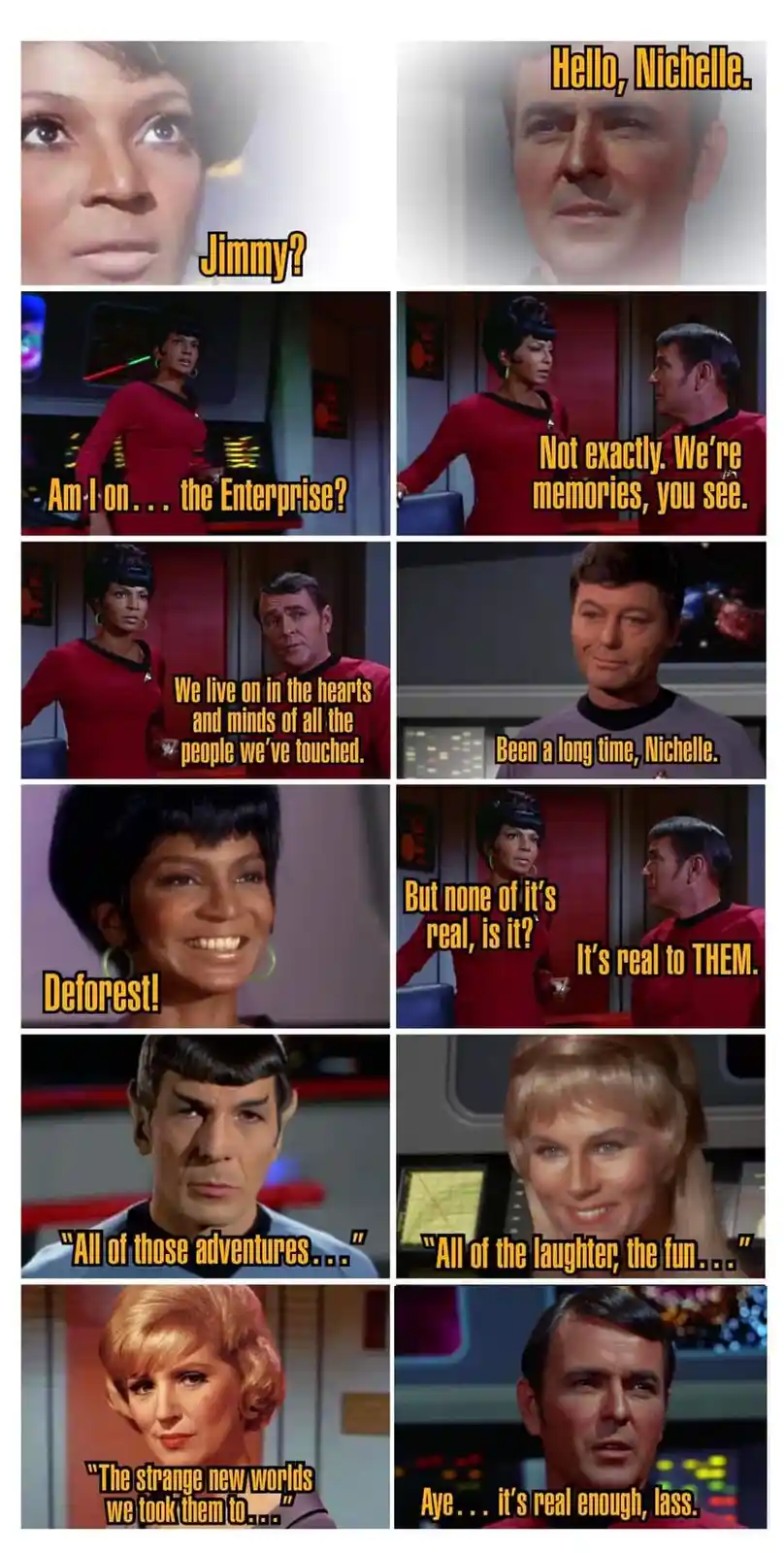 This meme is a collage of stills from the original Star Trek series, featuring characters like Nichelle Nichols as Uhura…