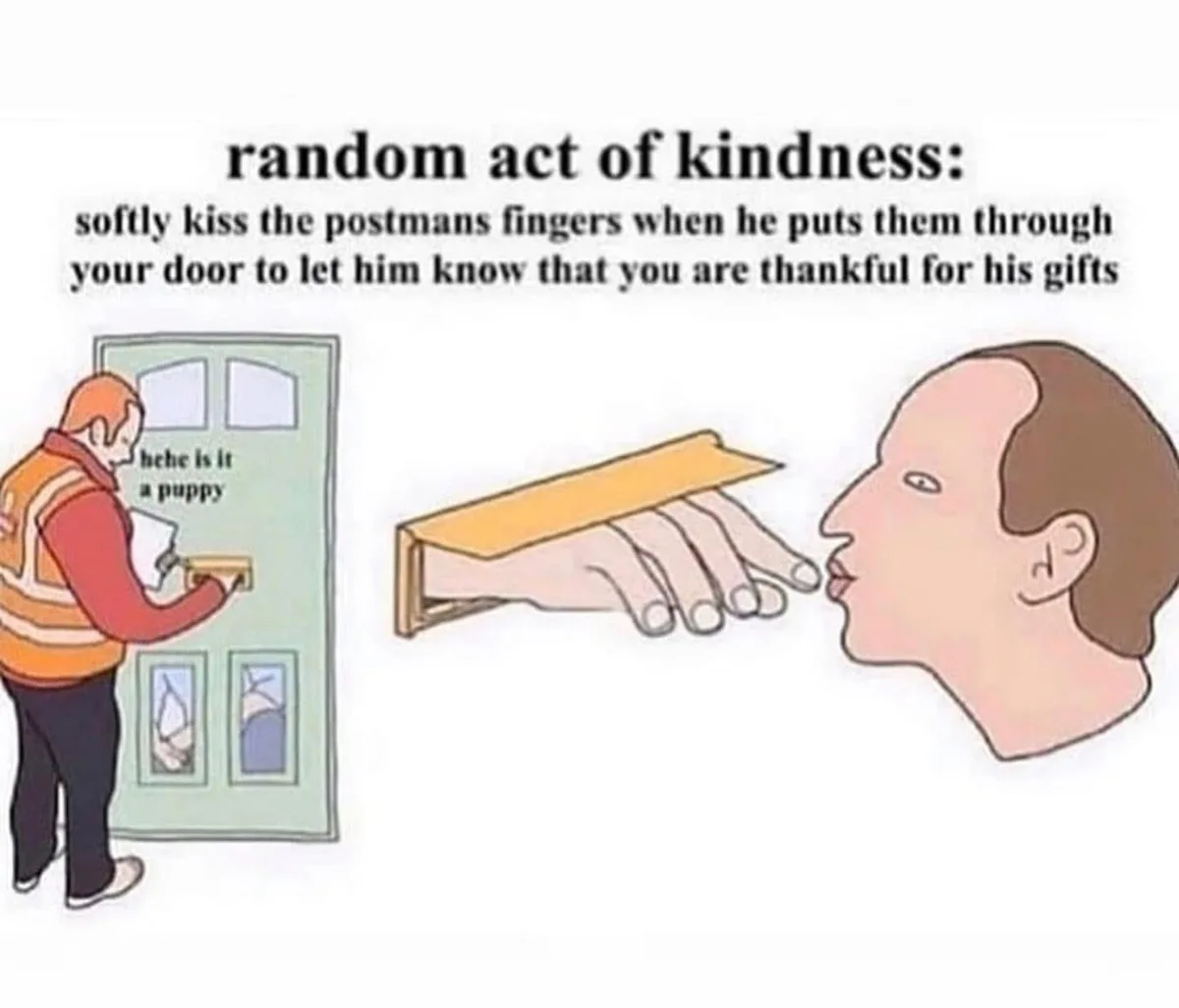 A cartoon depicts a postman in an orange vest inserting his hand through a door slot to deliver mail, while a person's face…