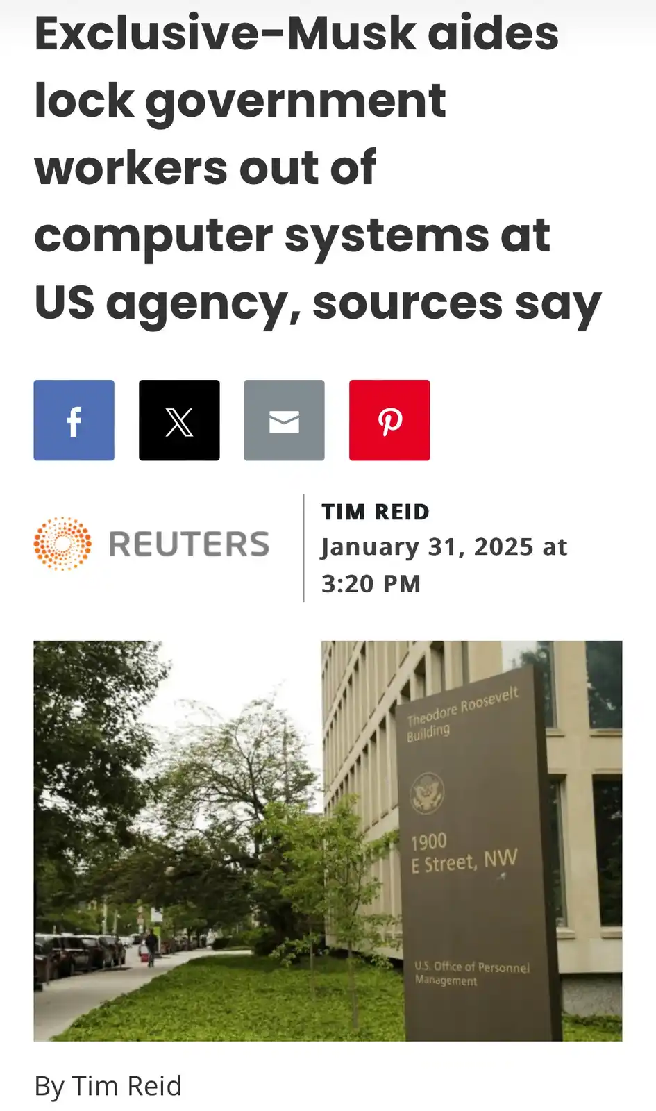 A screenshot of a Reuters news article dated January 31, 2025, with a headline claiming Musk aides locked government workers…