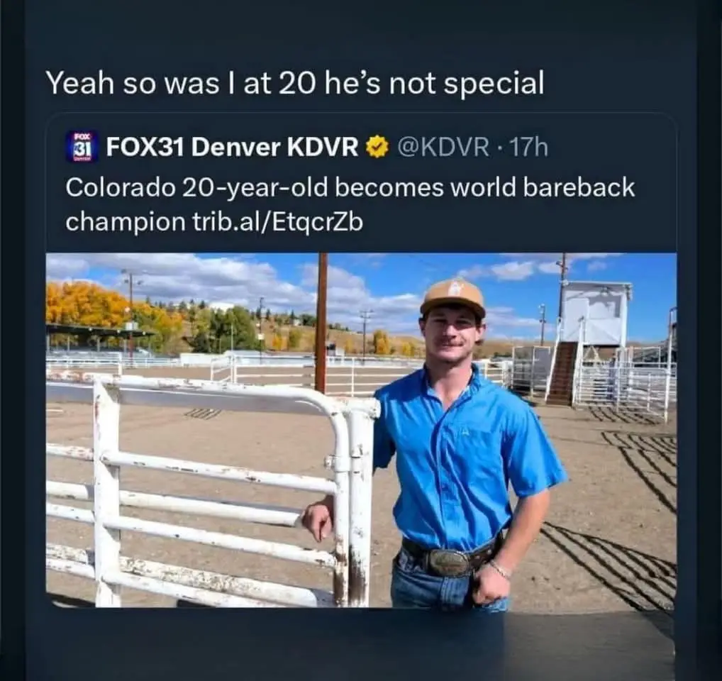 A screenshot of a tweet from FOX31 Denver KDVR announcing a 20-year-old Colorado man as the world bareback champion…