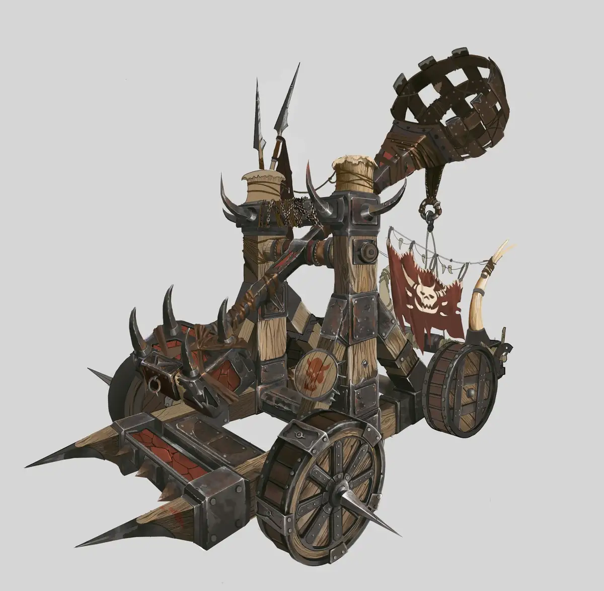 A heavily armored, spiked, wooden orc war machine with spiked wheels, horns, and a large spiked ballista arm, adorned with…