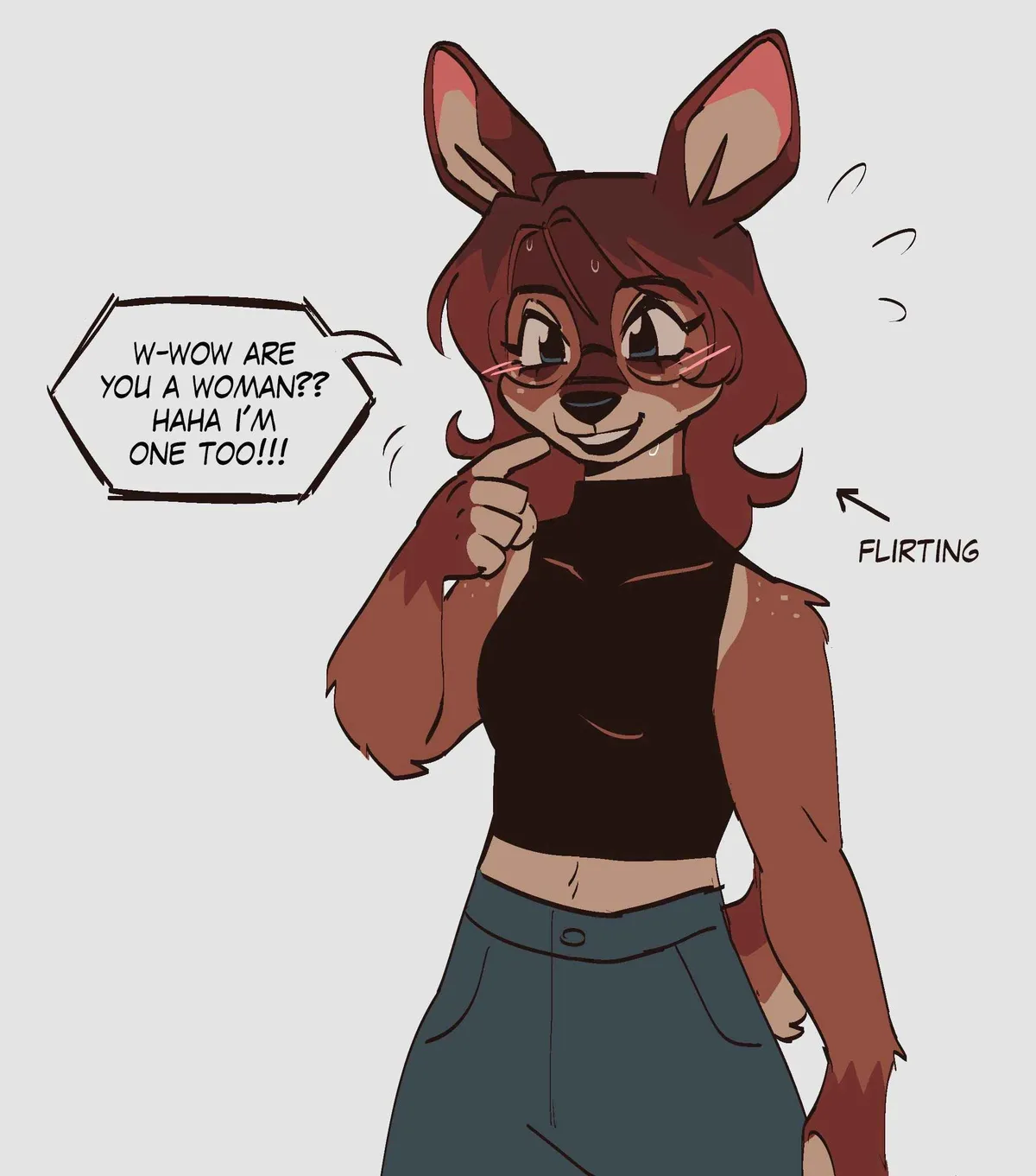 An anthropomorphic deer character with brown fur, glasses, and a black crop top is smiling and pointing at herself. A speech…