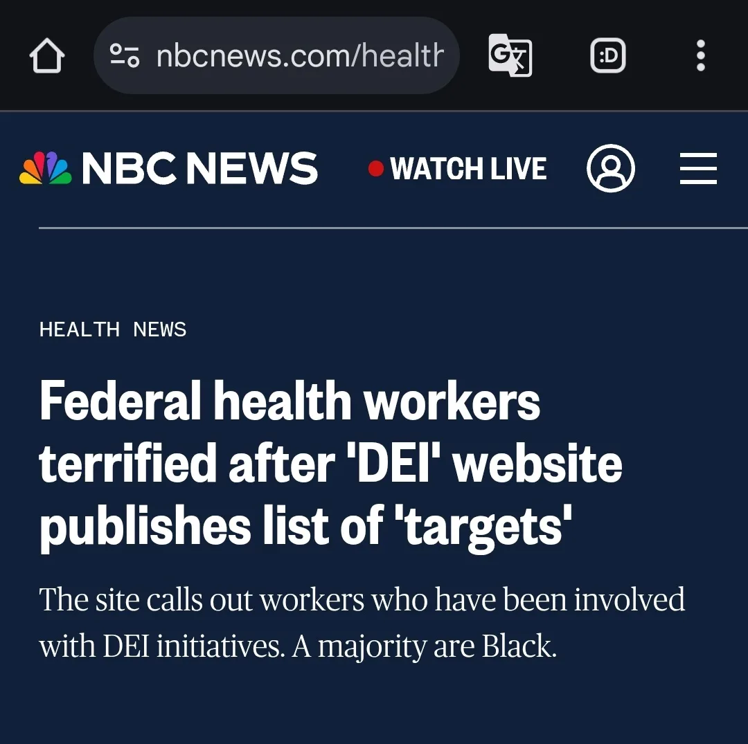 A screenshot of an NBC News health article headline reads 'Federal health workers terrified after 'DEI' website publishes…