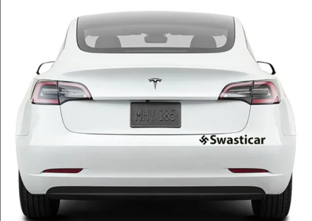The rear view of a white Tesla Model 3 shows a license plate reading 'MHY 185' and a decal on the lower right bumper that…