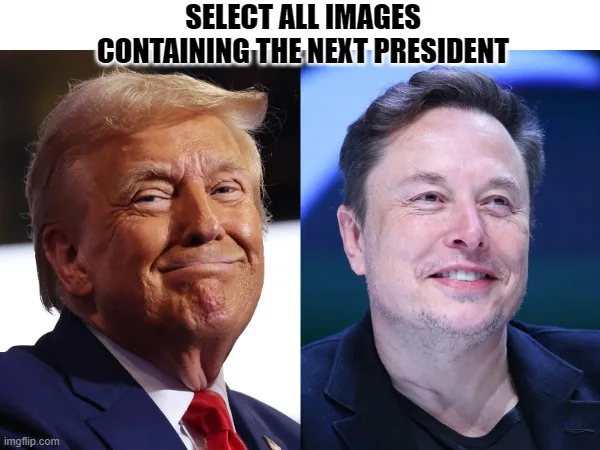 The image displays two side-by-side headshots: on the left, Donald Trump smiling with his signature hairstyle and red tie…