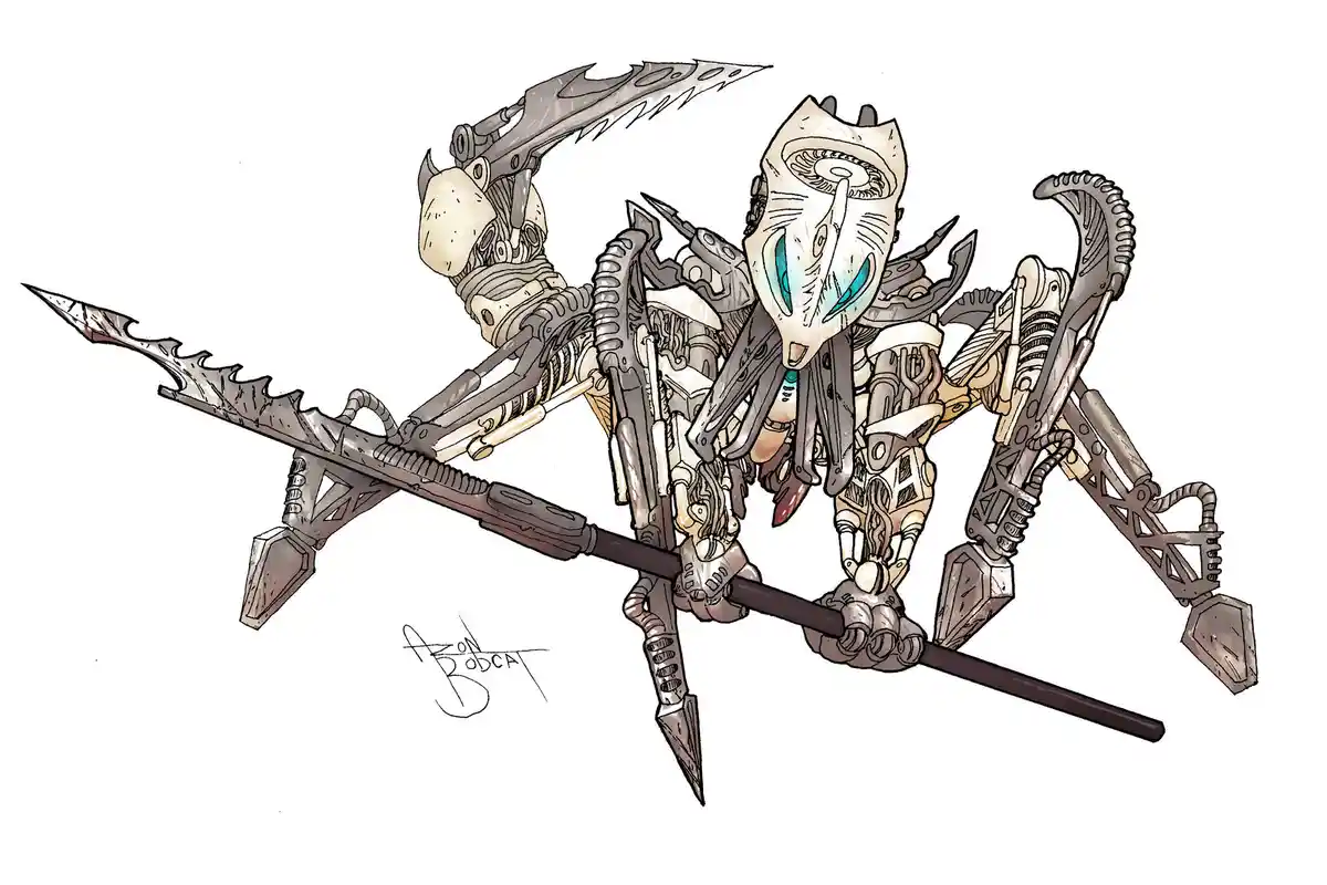 A detailed illustration of a mechanical, biomechanical creature resembling a Bionicle character, constructed from…