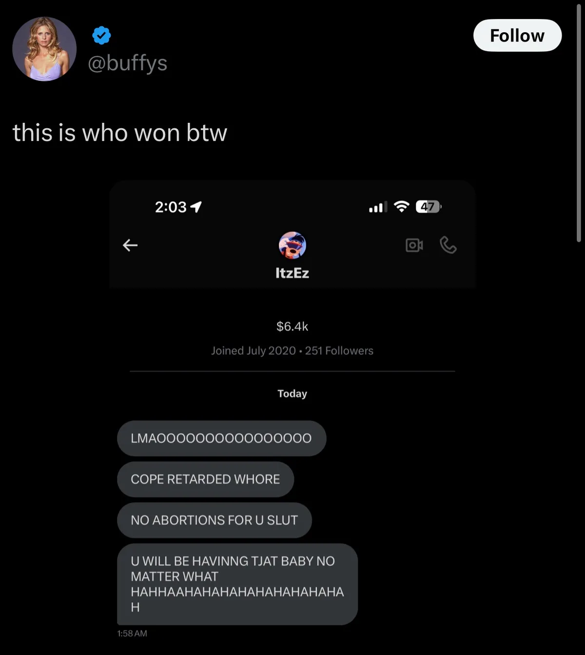 A screenshot of a Twitter post by @buffys showing a text message conversation with a user named 'ItzEz'. The messages…