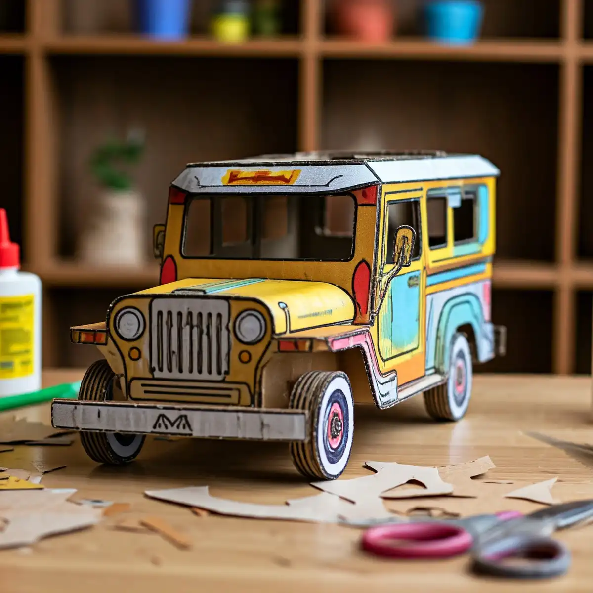 A handmade cardboard model of a colorful jeepney, a common Filipino public transport vehicle, sits on a wooden table…