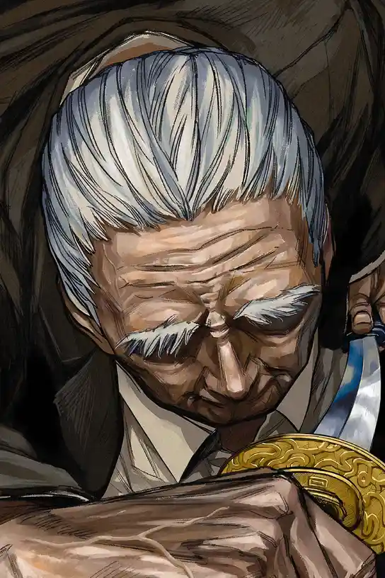 An illustration of an elderly man with white hair and a mustache, looking down with a weary expression while holding a sword…