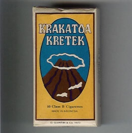 A vintage cigarette pack labeled 'KRAKATOA KRETEK' with a graphic of a volcano emitting smoke, text below reads '10 Class B…