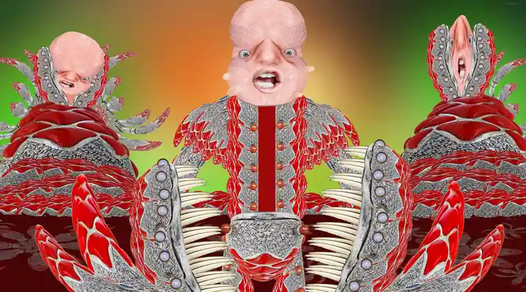 The image shows three grotesque, bald humanoid figures with exaggerated, screaming faces, covered in red and silver armored…