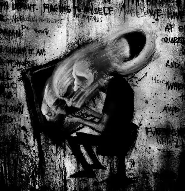 A black-and-white, gritty illustration depicts a skeletal figure with a large, curved horn, hunched over and seemingly in…