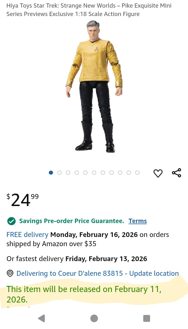 An Amazon product page for a Star Trek action figure of Captain Pike, priced at $24.99, shows delivery dates set for…