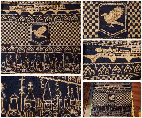 This image collage displays a hand-knitted blanket with intricate patterns in dark blue and beige, including a bird in a…