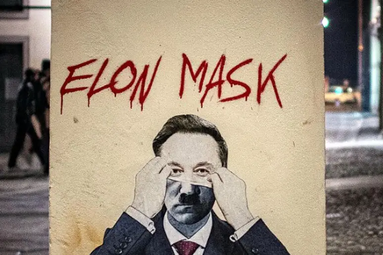 A street art-style poster shows a man in a suit and tie with his hands pulling down a white tape over his eyes, resembling a…