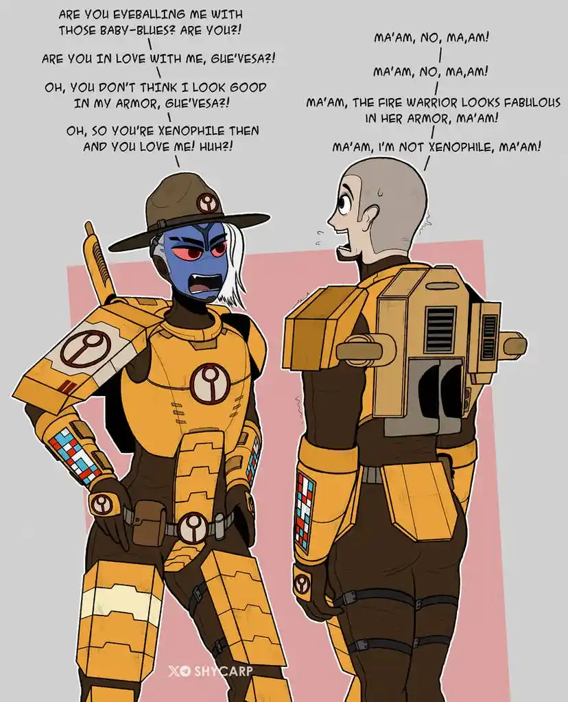 Two characters in yellow and brown armored outfits face each other. The blue-skinned character on the left, with white hair…