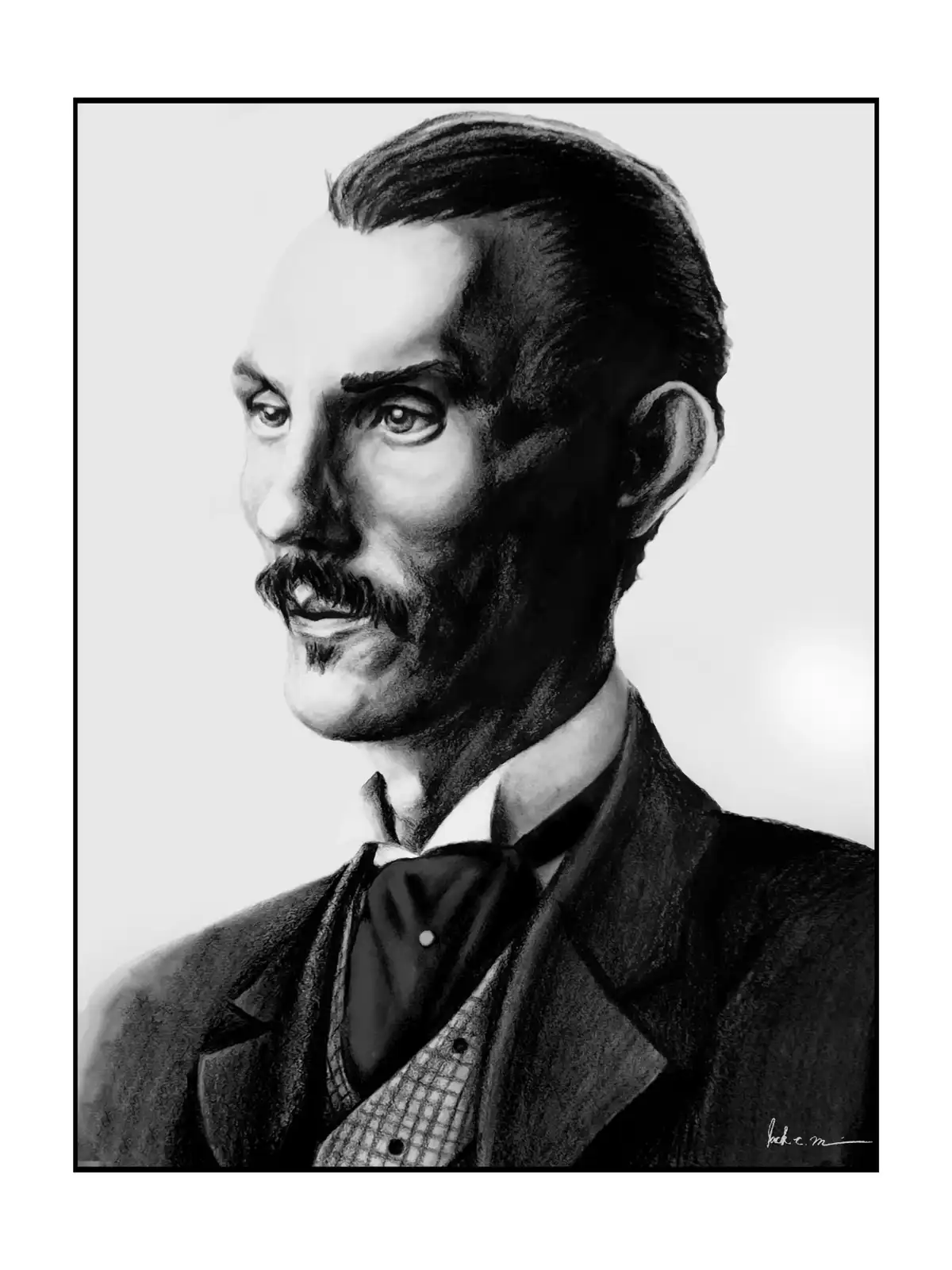 A black-and-white pencil drawing of a man with a mustache and formal attire, looking slightly to the side with a neutral…