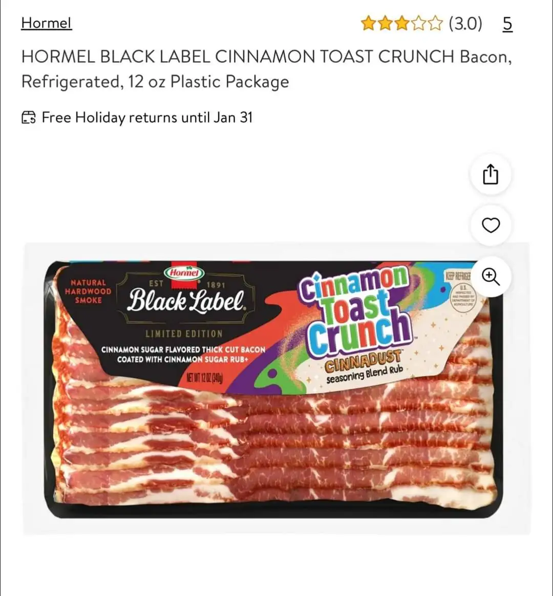 An online product listing for Hormel Black Label Cinnamon Toast Crunch Bacon, showing a plastic package filled with…