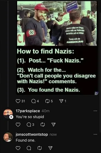 A screenshot of a social media post showing a crowd of people, some holding signs, including one with a swastika armband and…