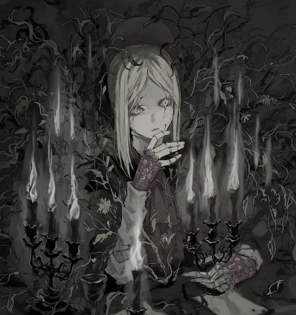 A grayscale anime-style illustration depicts a young woman with pale skin and long blonde hair, her face partially obscured…