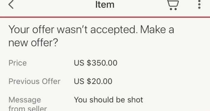 A screenshot of a marketplace item offer screen showing the user's offer of $350 was rejected, with a previous offer of $20…