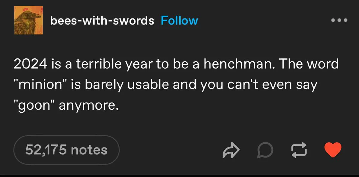 A screenshot of a Tumblr post by 'bees-with-swords' with a dark background and white text. The text reads: '2024 is a…